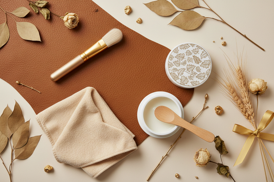 Nom : entretien-maroquinerie-luxe-soin-cuir-accessoires.jpg Alt : Entretien de maroquinerie de luxe avec accessoires de soin du cuir, chiffon doux et crème sur fond élégant doré