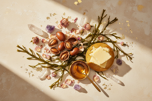 Nom : ingredients-naturels-cosmetique-luxe-argan-rose-karite.jpg Alt : Ingrédients naturels de luxe pour cosmétique avec noix d'argan, pétales de rose, beurre de karité et miel de manuka sur fond crème doré
