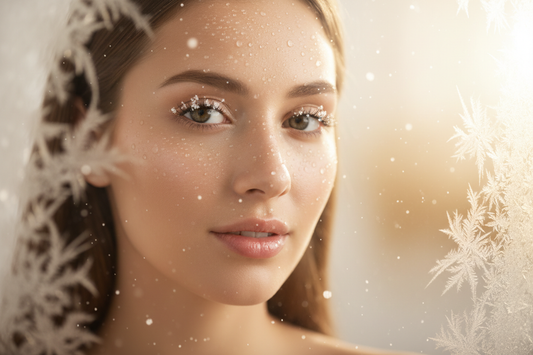 Nom : peau-eclatante-radieuse-hiver-soin-visage.jpg Alt : Peau radieuse et éclatante en hiver avec lumière naturelle dorée et éléments hivernaux délicats